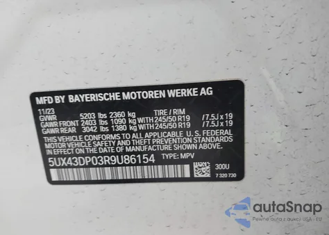 2024 BMW X3 Sdrive30I z USA, uszkodzony, nr VIN 5UX43DP03R9U86154